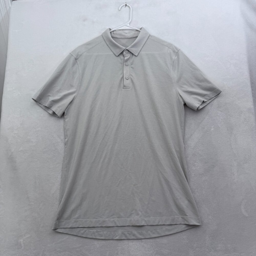 Lululemon Metal Vent Tech Polo Shirt Men M Beige Stripe Golf Stretch Performance